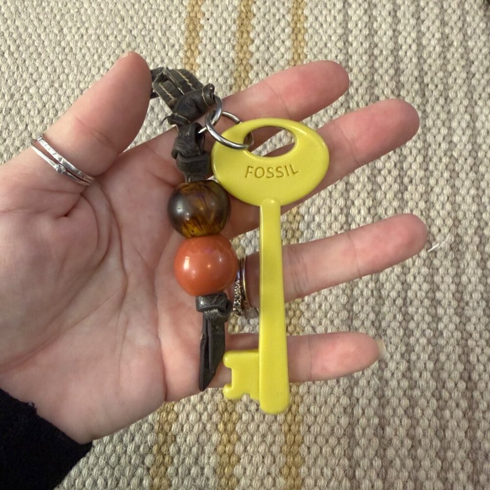 Fossil Yellow Key Faux Leather Beaded Keychain With Orange & Brown Accents